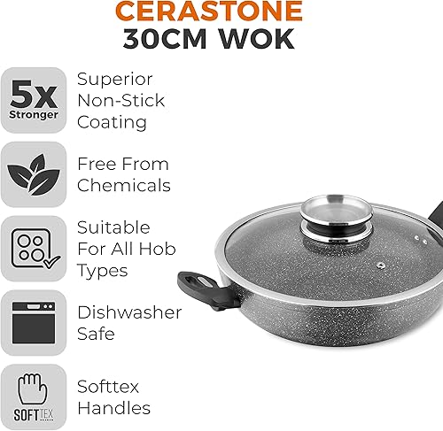 Tower Poêle Wok à induction Cerastone T81279 avec couvercle en verre, revêtement céramique antiadhésif, facile à nettoyer, graphite, 30 cm - Nail Gallerys