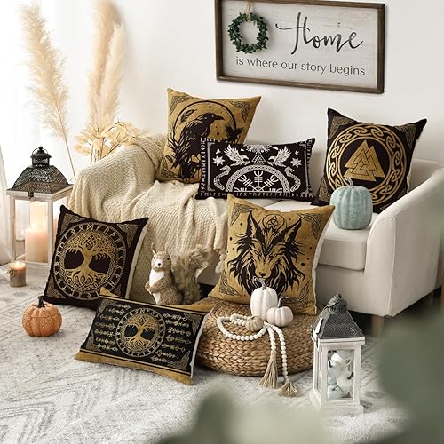 Artoid Mode Lot de 4 housses de coussin Viking Futhark Runes Odin Arbre de vie 45 x 45 cm Décoration pour canapé, salon - Nail Gallerys
