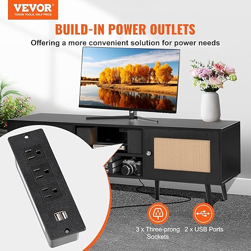 VEVOR Meuble TV en Rotin pour Téléviseur de 65 Pouces, Banc TV Bohème Porte en Rotin, Centre de Divertissement avec Prise Intégrée et Ports USB, Console TV Moderne pour Salon, Salle Multimédia, Noir - Nail Gallerys