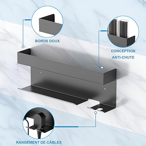 Gaethra Support Sèche Cheveux sans Perçage, Fixation Auto-Adhésive, Porte Sèche Cheveux Mural Noir Stable Et Antirouille, Idéal pour Salle De Bain Support Sèche Cheveux Compact - Nail Gallerys