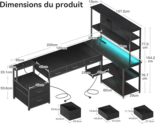 Coleshome Bureau d'angle avec 5 Tiroirs et 4 Étagères, Bureau en L avec LED, Prises et Ports USB (Noir, 180×100cm) - Nail Gallerys
