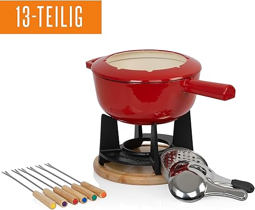 Mahlzeit Service à Fondue en Fonte pour 6 Personnes | 2 litres | Service à Fondue à 13 pièces avec brûleur et fourchettes | Service à Fondue Chocolat, Fondue bourguignonne (Rouge émaillé) - Nail Gallerys