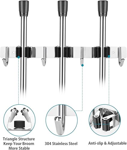 Homsun Accroche Balais Mural avce 3 Emplacements et 4 Crochets, Porte Balais Mural en Acier Inoxydable, Support Balais Mural Adhesif pour Cuisine Salle de Bain Jardin, Noir - Nail Gallerys