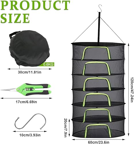 WDKXCN Filet de séchage à 6 couches avec fermeture éclair - 60 cm - Avec sécateur et crochets en forme de S - Pour plantes, légumes et fleurs - Nail Gallerys