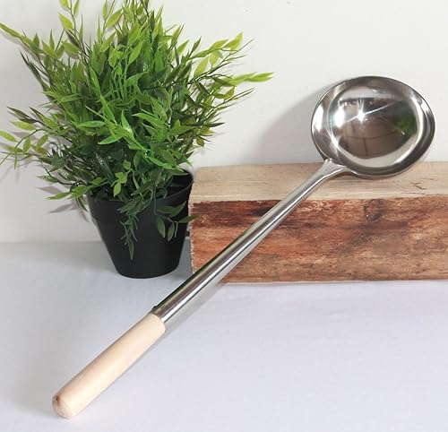 AAF Nommel ® Wok Set de poêle 35 cm Ø fond rond acier carbone + louche en acier inoxydable 44 cm de long avec poignée en bois. Pour cuisinière à gaz, à induction et à induction. - Nail Gallerys