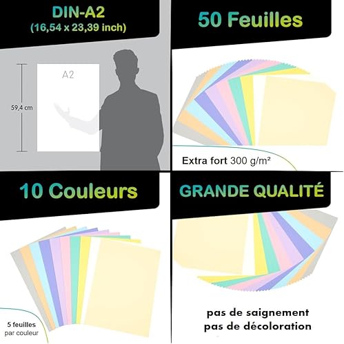 perfect ideaz 50 feuilles de carton photo A2, carton de bricolage, teinté dans la masse, en 10 coloris différents, grammage 300 g/m², feuilles à qualité élevé - Nail Gallerys