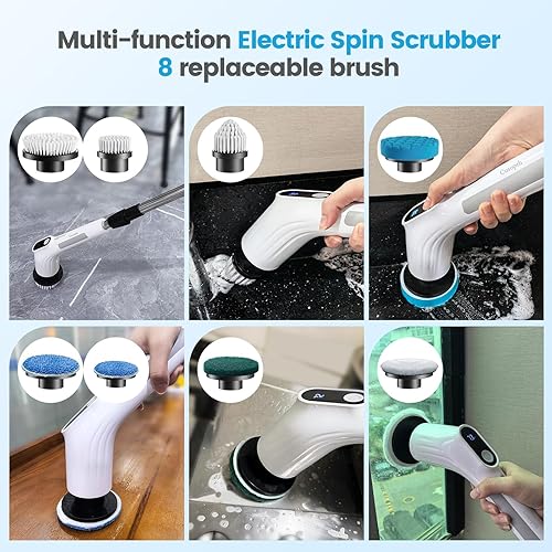 Cusopeh Brosse Nettoyage Electrique 8 en 1, Brosse Rotative Nettoyage Rechargeable, Brosse Nettoyage Salle de Bainavec Manche Réglable, 2 Vitesses réglables,Pour Salle de Bain, Cuisine et Voiture,Blan - Nail Gallerys