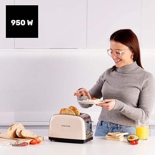 Taurus - Grille-pain Vintage II Cream 950W | 2 fentes 135x35 mm | 7 niveaux | 3 fonctions | Inox | Auto-centrage | Ramasse-miettes | Élévation haute | Range-cordon | Crème - Nail Gallerys
