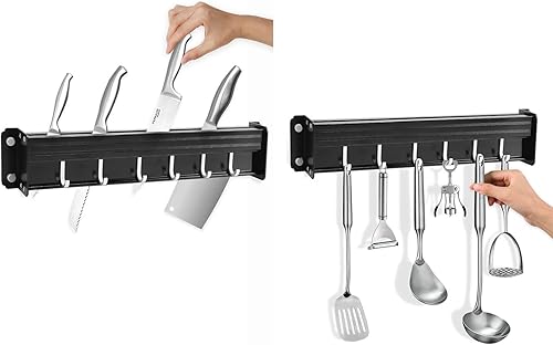 Yareta Porte Couteau Mutal, Porte Ustensiles Cuisine avec 7 Crochets, Support de Cuisine en aluminium, 40cm (Noir) - Nail Gallerys