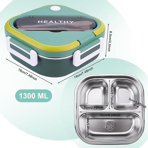 Lunch box bento avec couverts, lunch box 1300 ml avec compartiment inox, lunch box hermétique adaptée pour pique-nique, travail, goûter, école, livrée avec sac isotherme et boule de nettoyage - Nail Gallerys