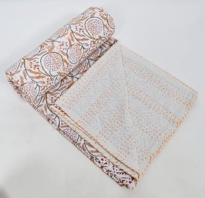 YUVANCRAFTS Couvre-lit indien Kantha en coton imprimé à la main pour grand lit (motif floral multicolore, très grand lit, 274,3 x 274,3 cm) - Nail Gallerys