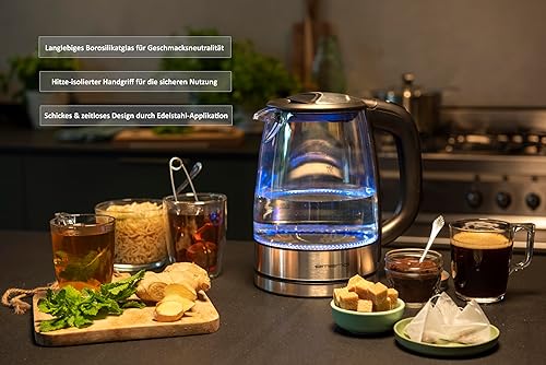 Emerio Bouilloire en verre WK-119988, 1,7 litre, 2200 watts, éclairage intérieur LED, base à 360°, gagnant du test prix/performance pour la maison et le jardin 02/2019, 1,7 litre, noir, argent - Nail Gallerys
