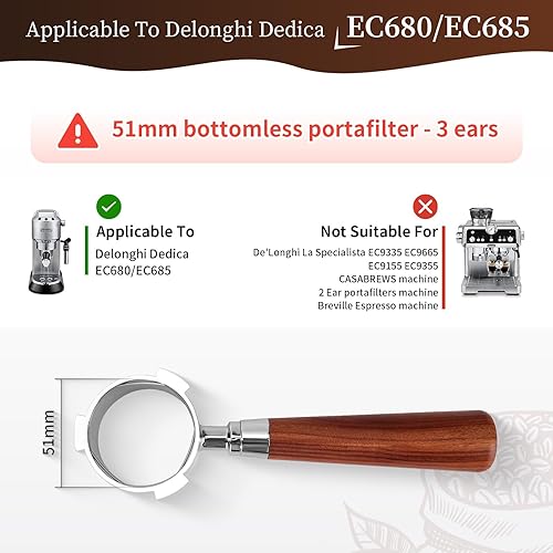 Porte Filtre 51mm pour Delonghi Dedica Ec680/Ec685, 3 Ears Porte-Filtre Sans Fond 51 Mm avec 2 Paniers Filtrants En Inox - Nail Gallerys