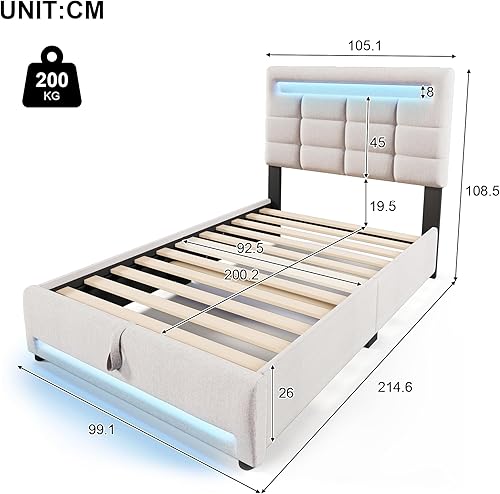 Seyakany Lit Coffre 90x200 avec Lumières LED et Port USB, Télécommande APP, Lit rembourré avec Sommier à Lattes et Tête de Lits, Espace de Rangement, Cadre de lit 90x200(sans Matelas) Beige - Nail Gallerys