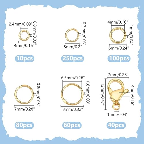 WADORN 530 anneau Ouvert Plaqué Or 24 carats,4mm 5mm 6mm 7mm 8mm 10 pinces Homard et 304 fermoirs en Acier Inoxydable pour Colliers et Bracelets Accessoires de Bijoux Bricolage Crochet Fixation - Nail Gallerys