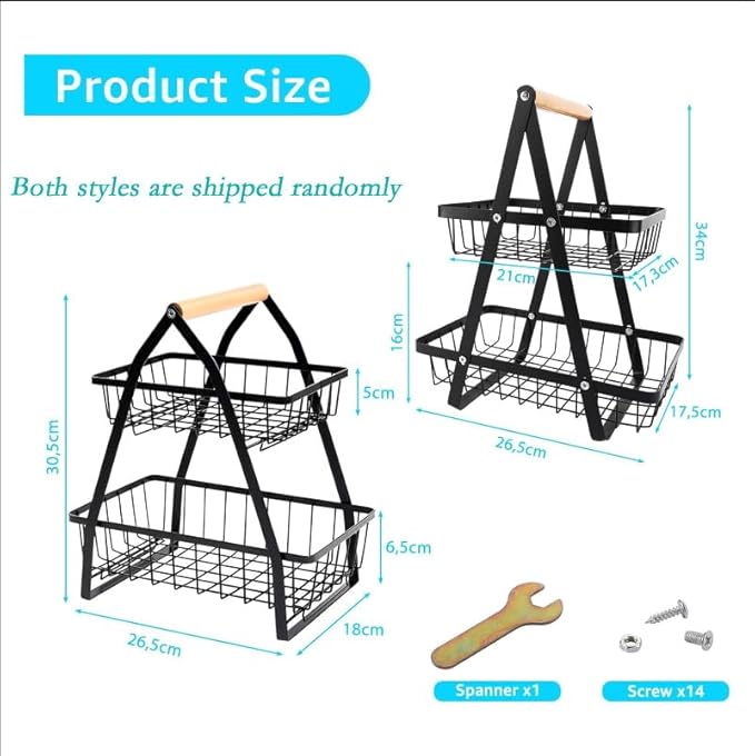 FWEEK 2 étages Porte-fruits, Corbeille à fruits à étages avec poignée, Corbeille à fruits en métal Porte-fruits pour fruits, pain, légumes et snacks, Noir, Style aléatoire - Nail Gallerys