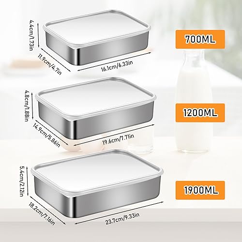 WANDGU 3 Pièces Boîtes à Charcuterie Fresh: 700+1200+1900 ml Boîte de Conservation en Acier Inoxydable, Boite Rangement Frigo avec Couvercle, Boîte de Conservation des Aliments pour Conserver Charcute - Nail Gallerys
