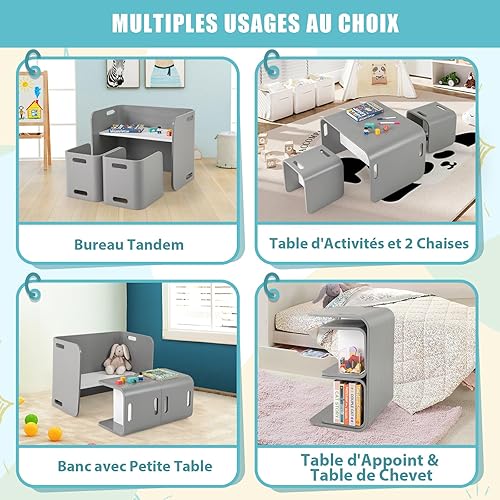 COSTWAY Table Enfant avec 2 Chaise en Forme U, Table d’Activités en Bois avec Poignée Ergonomique, Banc et Étagère, Charge 50/100kg pour Enfant de 2-9 Ans - Nail Gallerys