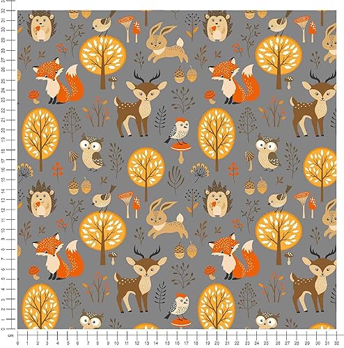 Tissu en coton pour enfant - Au mètre - Largeur : 155 cm - Motifs animaux dans la forêt - Gris BC017 - 50 x 150 cm - Nail Gallerys