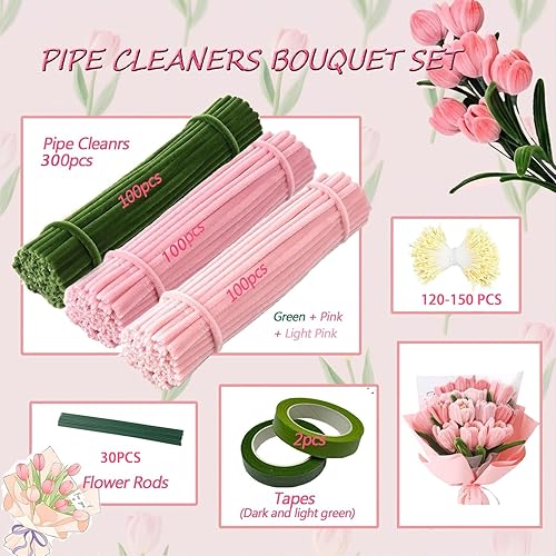 Mailfull 300 Pcs Cure Pipe Fil Chenille 3 Couleurs avec Tige Fleur Floratape Étamines pour Bouquets de Tulipes DIY et Décoration - Nail Gallerys