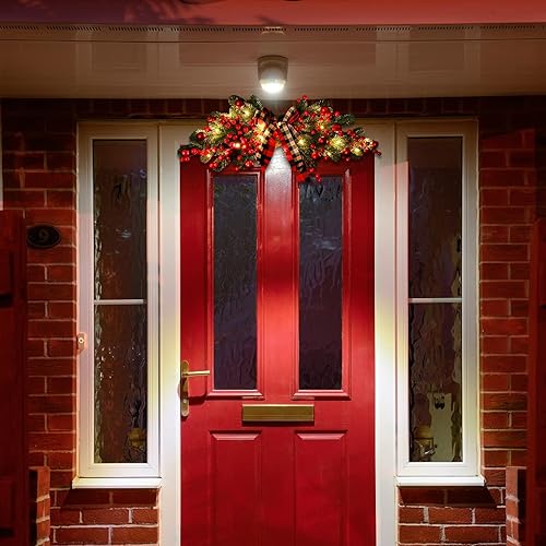BestAlice Guirlande de Noël artificielle de 70 cm pour porte de Noël avec baies rouges et nœud à carreaux en forme de larme (avec lampe) - Nail Gallerys
