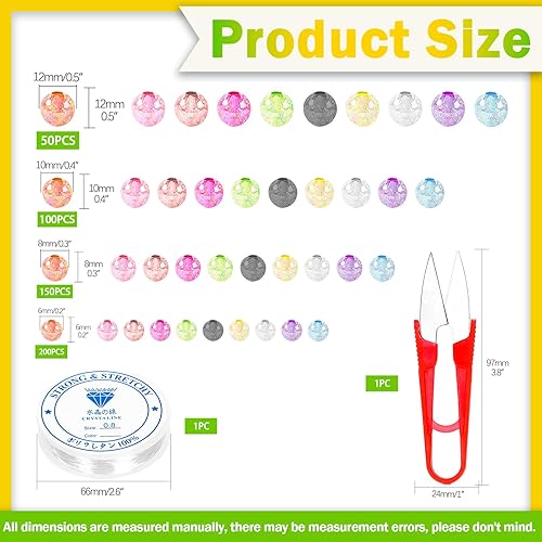 Keadic Lot de 502 perles rondes colorées en cristal acrylique avec cordon élastique et cutter, 6 mm, 8 mm, 10 mm, 12 mm, perles rondes en verre craquelé pour la fabrication de bijoux, bagues, - Nail Gallerys