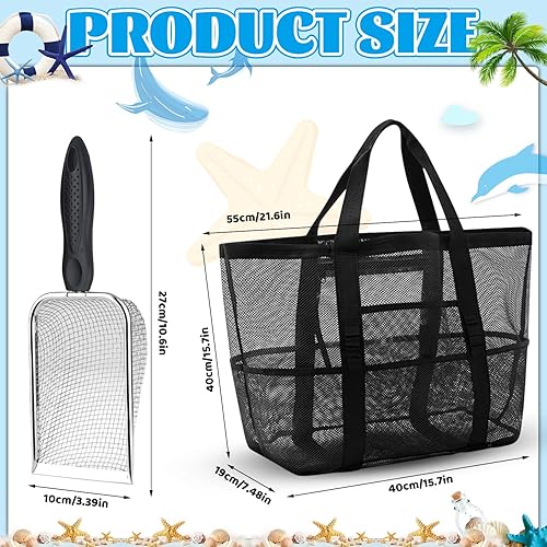 Fizdoqg Ensemble de sacs pour jouets de plage - Grand sac de plage - Noir - Sac en filet - Sac à sable avec pelles à sable - Pour ramasser les coquillages - Nail Gallerys