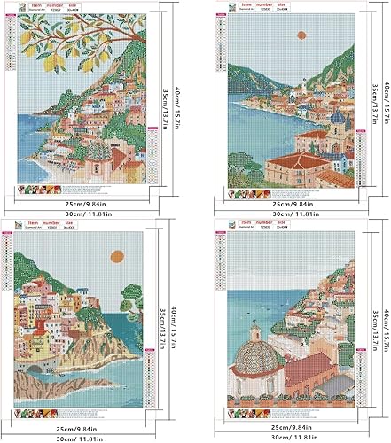 DCIDBEI 30x40CM 4 Lot Diamond Painting Paysage Abstrait, DIY Broderie Point de Croix Diamant Méditerranéen, Tableau Strass Diamant Poster Ville, Artisanat/Cadeau Original Fête/Décoration Mur Maison - Nail Gallerys