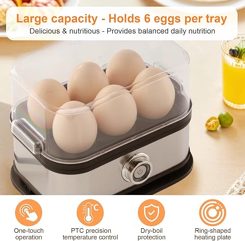 Cuiseur à œufs électrique pour 1 à 6 œufs, Acier inoxydable, 200 W, démarrage par simple pression, fonction maintien au chaud, sans BPA, facile à nettoyer avec contrôle de température PTC - Nail Gallerys