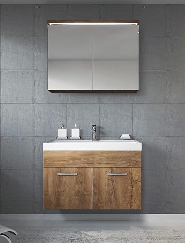 Badplaats B.V. Meuble de Salle de Bain Paso 02 80 x 40 cm lavabo Chene Marron – Armoire de Rangement Miroir Armoire Miroir - Nail Gallerys