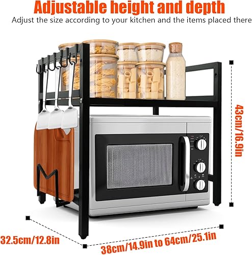 Jomdjmskes Etagere Micro Onde, Support de Micro-Ondes Cuisine 2 Niveau Extensible avec 6 Crochets, Réglable Meuble Micro Ondes Cuisine Rangement, Support d'Étagère Cuisine, Extensible de 40 à 64 cm - Nail Gallerys