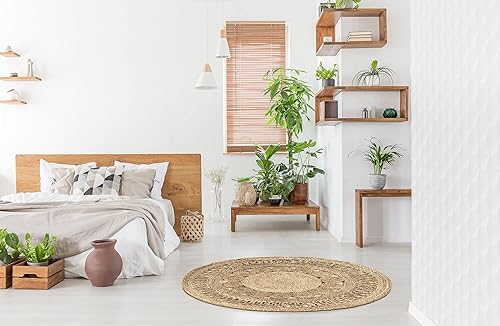 HAMID - Tapis Jute Alhambra Nazarí Rond Couleur Naturelle, Tapis 100% Fibre Naturelle de Jute, Design Tressé, Fait Main, Tapis pour Décoration, Salon, Chambre, (150x150cm) - Nail Gallerys