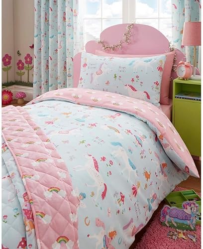 Kidz Club Magique Licornes pour Enfant Lit Double Housse de Couette et taie d'oreiller, Bleu - Nail Gallerys