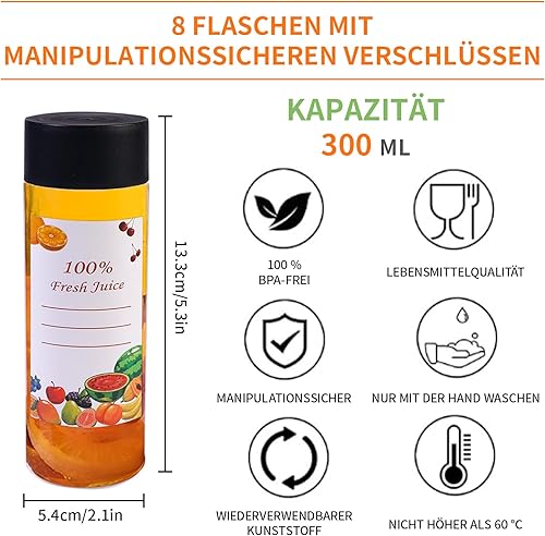 LFBEST Lot de 8 Bouteilles de jus en Plastique, 300 ML, Bouteilles en Plastique Pet Transparentes, Bouteilles de Boissons vides réutilisables, avec couvercles Noirs et 8 étiquettes, pour jus, Lait - Nail Gallerys