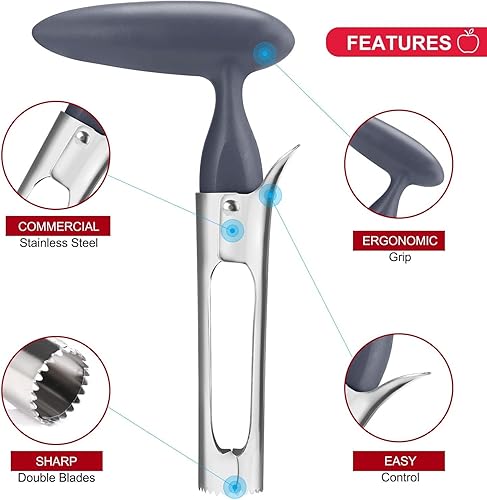Vide Pomme Enleve Trognon Pomme Vide-Pomme Professionnel en Acier Inoxydable Avec Lame DenteléE Tranchante Et PoignéE D'Angle Ergonomique pour la Maison et Cuisine (Gris) - Nail Gallerys