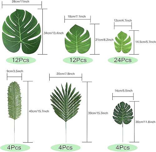 Lot de 60 Feuilles artificielles de 6 Types différents Enthur, Imitation de Plantes Tropicales pour décoration de Table, de fêtes hawaïennes ou sur Le thème de la Plage. - Nail Gallerys