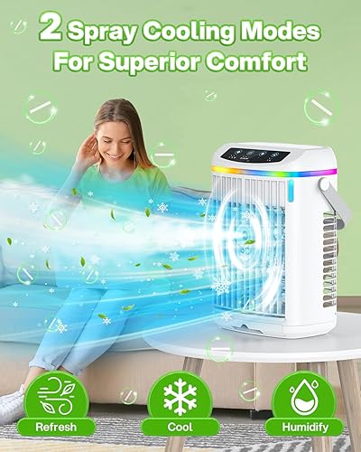 Climatiseur Mobile Silencieux, Climatiseur Portable avec Télécommande, Mini Refroidisseur d'air USB Ventilateur - 3 Modes de Vent & 3 Vitesses, Minuterie de 2-4-6h, Lumière Colorée, Cooling Rapide - Nail Gallerys