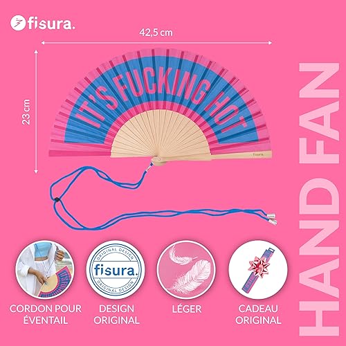Fisura – Éventail en Bois Moderne avec Message “f*cking Hot”. Ventilateur de Poche coloré en Bleu et Rose, Accessoire au Style Unique avec Attache Incluse. Dimensions : 42,5 x 23 cm - Nail Gallerys