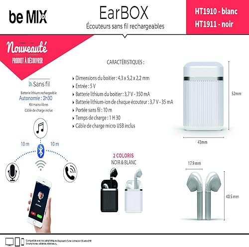 Be Mix - Ht1911 - Ecouteur Oreillette Earbox Bluetooth sans Fil Rechargeable Noir Compatible Smartphone - Nail Gallerys