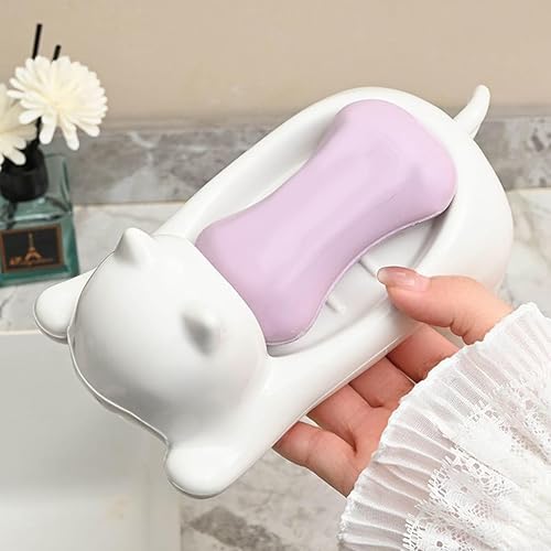 Porte-savon auto-drainant en forme de chat amusant pour la douche - Porte-savon mignon avec trous de drainage - Barre en plastique - Porte-savon pour bar, savon de cuisine - Blanc - Nail Gallerys