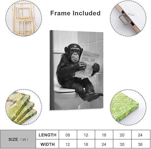 Poster vintage amusant sur toile de singe assis sur les toilettes, lisant un journal, pour salle de bain, décoration murale pour salon, chambre à coucher, 40,6 x 61 cm (40 x 60 cm) - Nail Gallerys