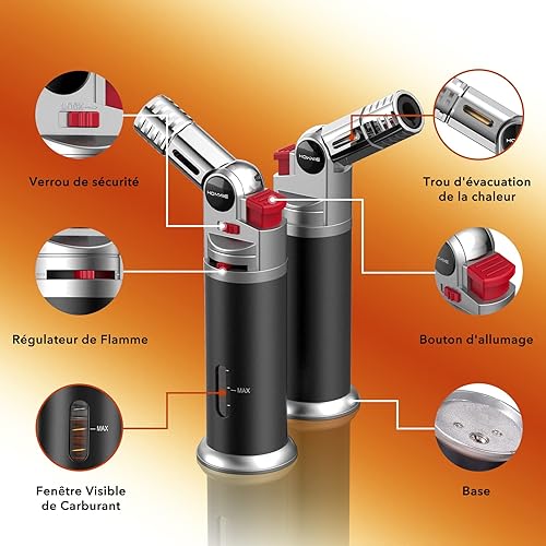 Chalumeau de Cuisine, Hommie Torche de Cuisine 60° Rotative Avec Verrou de Sécurité Flamme Réglable Torche au Butane Rechargeable Pour Barbecue Cuisson Creme Brulee (Butane non Inclus) - Nail Gallerys