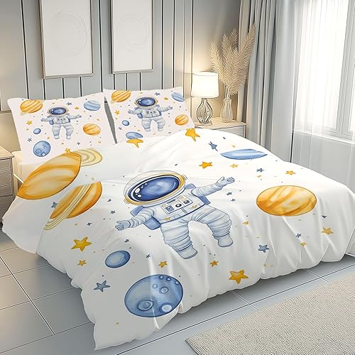 Sshjfeu Housse de Couette 220x240 Dessin Animé Astronaute, Parure de Lit Univers Planète Enfant Garçon 2 Personnes en Microfibre avec Fermeture Éclair Réversible, 2 Taies d'oreiller 65x65 cm - Nail Gallerys