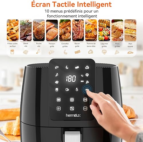 Hermitlux Air fryer chaud 5,5 L, Friteuse sans huile 10 programmes avec écran tactile digital LED, Préchauffage&Garder au chaud, avec recette, 1500W, Lavable au lave-vaisselle - Nail Gallerys