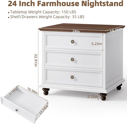 Table de chevet de 61 cm - Grande table d'appoint avec 3 tiroirs et poignée en métal - Commode en bois pour chambre à coucher - Commode blanche - Table de chevet pour salon - Nail Gallerys