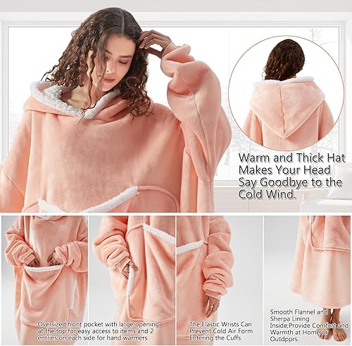 Plaide Pull Geant, Blanket Hoodie, Couverture​à Capuche Surdimensionnée, Flanelle Sweat​à Capuche, Ultra Douce en Polaire Sherpa Chaude pour Adultes, Femmes, Hommes, Adolescents, Taille Unique（rose） - Nail Gallerys
