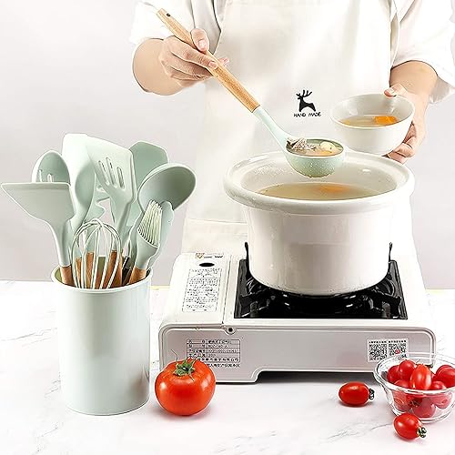 YUEHAO Ustensiles de Cuisine en Silicone et Bois, Batterie de Cuisine Antiadhésive, Manche en Silicone de Qualité Alimentaire, Résistant aux Rayures, avec Réservoir de stockage d'eau (vert) - Nail Gallerys