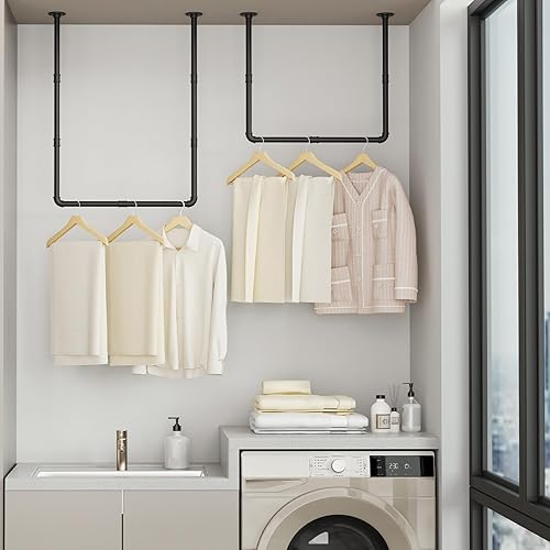 YheenLf Portant à Vêtement Industriel Style, deux Options de Montage, Tringle Vetement Murale 120 cm, Cintres de Plafond 69x60 cm, Montage Facile, lot de 2, Noir - Nail Gallerys