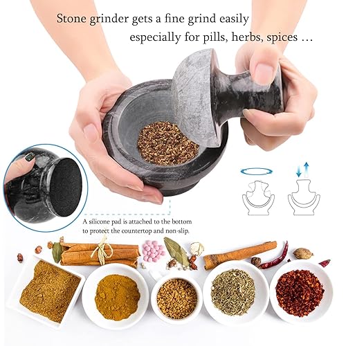 Mortiers et Pilons, Mortier Pilon Cuisine Ø3in pour Ail Epices Herbe Médecine Pilules, écrasement de Pilule avec Patin Antidérapant et Brosse, Marble Mortar and Pestle Set, Noir - Nail Gallerys