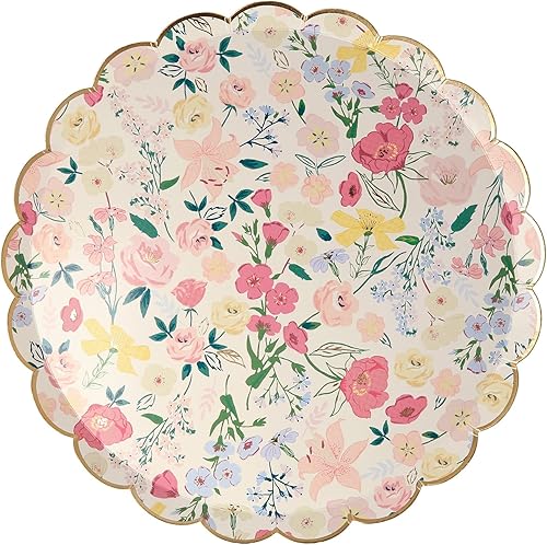 Meri Meri Lot de 8 assiettes en carton à motif floral jetables pour fête, bord festonné, 2 tailles (dîner et côté) - Nail Gallerys
